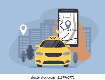vector illustration in a flat style on the theme of applications for ordering a taxi. taxi car, hand with smartphone