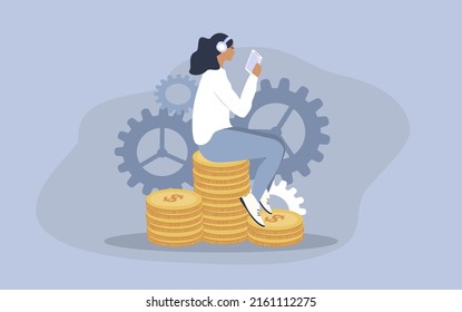 vector illustration in a flat style on the theme of investment. passive income - girl reading a smartphone sitting on a stack of coins