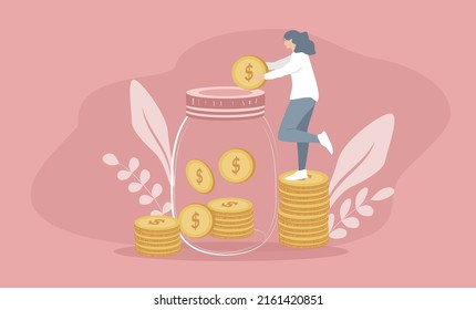 ilustración vectorial en un estilo plano sobre el tema de ahorrar dinero, depósitos. la niña se pone de pie sobre una pila de monedas y baja la moneda en el frasco.