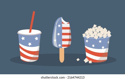 vector illustration in a flat style on the theme of us independence day. a set of items (popcorn, popsicle, drink) in the colors of the american flag