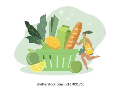 vector illustration in a flat style on the theme of organic wholesome food. food basket and girl with eco bag