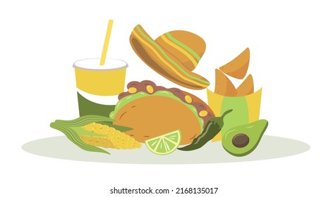 ilustración vectorial en un estilo plano sobre el tema de la comida rápida mexicana. comida mexicana - tacos, nachos