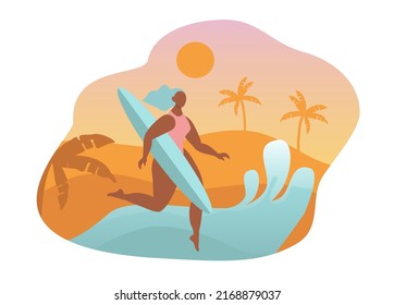 vector illustration in a flat style on the theme of surfing. girl running along the beach with a surfboard