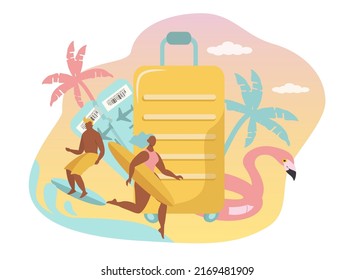 vector illustration in a flat style on the theme of travel. suitcase, inflatable flamingos, palms and surfers