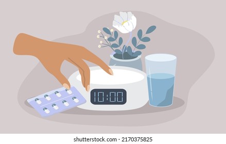 vector illustration in a flat style on the theme of insomnia. clock, glass of water, pills on the bedside table