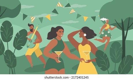 vector illustration in a flat style on the theme of a party - happy people  dance and play musical instruments.