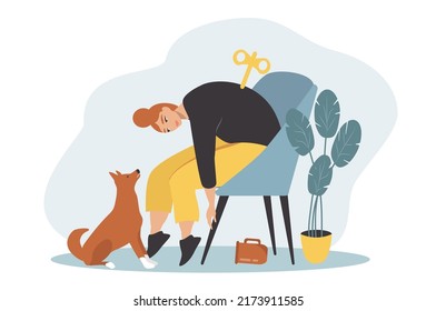 ilustración vectorial en estilo plano sobre el tema de la explosión emocional. una mujer sentada cansada en una silla, una llave sinuosa se pega de su espalda