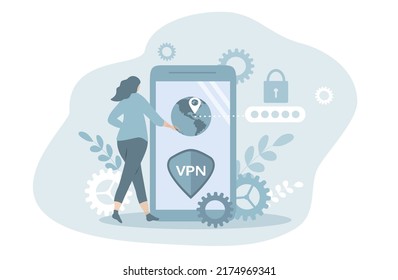 ilustración vectorial en un estilo plano en el tema vpn. muchacha elige la dirección ip para vpn en la pantalla del smartphone