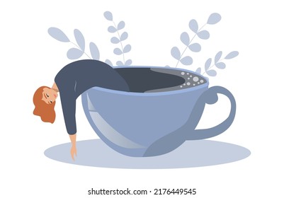vector illustration in a flat style on the theme of depression, apathy. tired girl swims in a cup of coffee