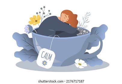 vector illustration in a flat style on the theme of relaxation, tranquility. girl sitting in a cup with soothing tea and flowers