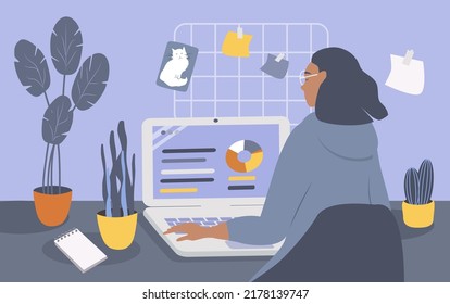 vector illustration in a flat style on the theme of the workspace. the girl is working on a laptop.