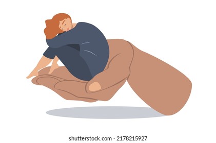 vector illustration in a flat style on the theme of psychological safety. care. the girl sits on a big hand, hugging her knees