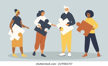 vector illustration in a flat style on the theme of human diversity and teamwork. various people holding puzzle pieces