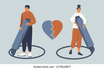 vector illustration in a flat style on the theme of a quarrel, breakup. a man and a woman draw a circle around them with a marker. broken heart between them
