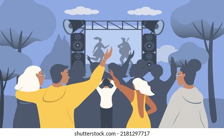 vector illustration in a flat style on the theme of outdoor festival. a musical group performs, people have fun