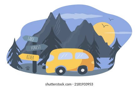 vector illustration in a flat style on the theme of camping, recreation in the forest. minivan stands in the  forest