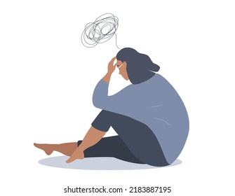 vector illustration in a flat style on the theme of depression, anxious thoughts, emotional burnout. the girl sits sadly - a tangle of confused thoughts is above her head