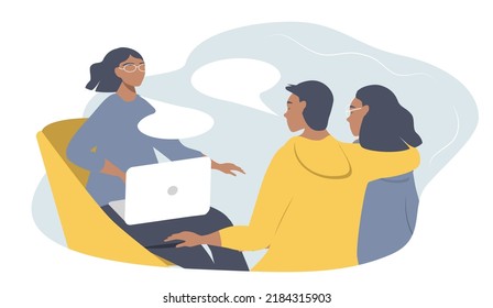 vector illustration in a flat style on the theme of family psychotherapy. family couple talking to psychologist