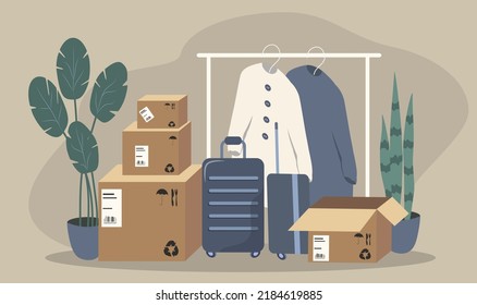 vector illustration in a flat style on the theme of moving. cardboard boxes with things, suitcases, plants.