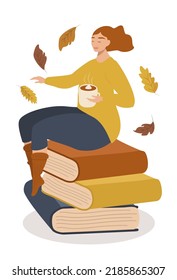 vector illustration in a flat style on the theme of autumn cozy pastime. girl sitting on a stack of books with a cup of pumpkin latte