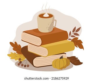 Vektorgrafik in einem flachen Stil zum Thema Herbstlesen, Bücher, gemütlicher Herbst. Buchstapel, Kürbislatte und Herbstblätter