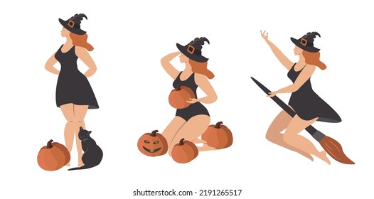 vector illustration in a flat style on the theme of halloween. set of isolated elements - three red-haired witches. witch on broomstick, witch with pumpkins and black cat