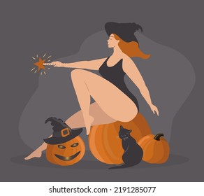 vector illustration in a flat style on the theme of halloween. young red-haired witch sits surrounded by pumpkins and jack-o'-lanterns