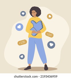 vector illustration in a flat style on the theme of likes and social approval in social networks. girl hugs a huge like