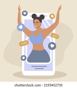 vector illustration in a flat style on the theme of likes and social approval in social networks.the girl on the screen of the smartphone rejoices at the likes