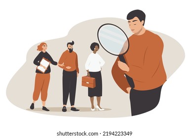 vector illustration in a flat style on the theme of hr, employee recruiting. a man looks through a magnifying glass of applicants for a vacancy