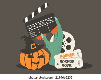 vector illustration in a flat style on the theme of horror films, halloween movies. zombie hand, movie clapperboard, jack o lantern, tickets.