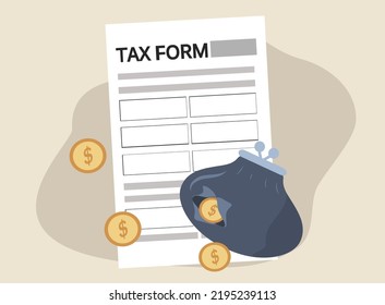 vector illustration in a flat style on the theme of too high taxes. tax form and holey purse with coins.