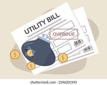 vector illustration in flat style on the theme of high utility bills. overdue bills and a holey wallet with coins