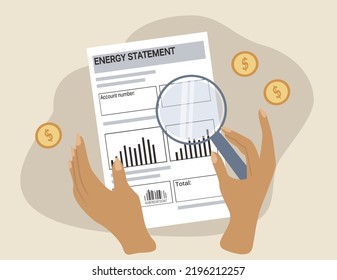 vector illustration in a flat style on the topics of high electricity bills. someone is looking at the bill through a magnifying glass