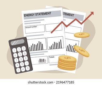 vector illustration in a flat style on the theme of energy crisis, increase in electricity prices. electric bill, calculator, stack of coins and up arrow