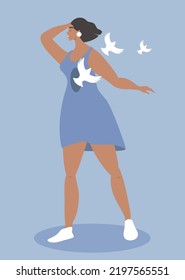 vector illustration in a flat style on the theme of mental health, psychotherapy. a woman has white birds flying out of her chest