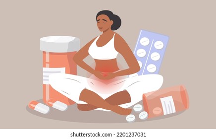 vector illustration in a flat style on the theme of menstrual pain. girl sits holding her lower abdomen. pills next to her