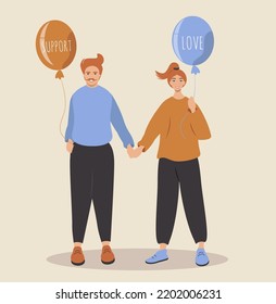 vector illustration in a flat style on the theme of relationships. man and woman hold hands. in their hands they have balloons with inscriptions - love and support