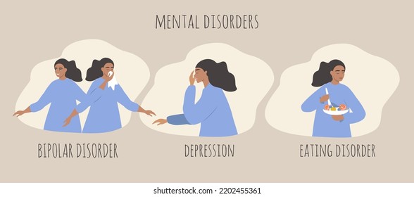 vector illustration in a flat style on the theme of mental disorders - bipolar disorder, depression, eating disorder