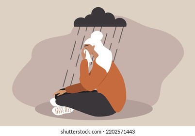 vector illustration in a flat style on the theme of depression. the girl is crying, there is a black cloud above her, from which it rains