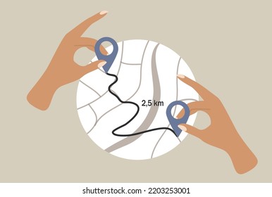 vector illustration in a flat style on the theme of navigation. hands arrange beacons on the map, paving the route