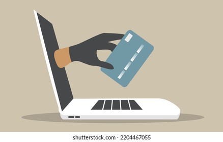 vector illustration in a flat style on the topic of fraud on the Internet. a hand in a black glove protrudes from the laptop screen and steals a bank card