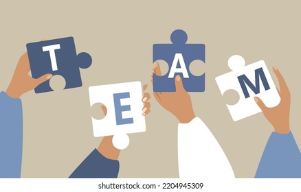 vector illustration in a flat style on the theme of teamwork. hands holding puzzle pieces with team inscription