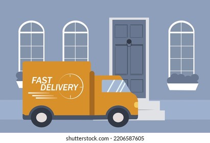 vector illustration in a flat style on the theme of delivery. there is a delivery truck at the door