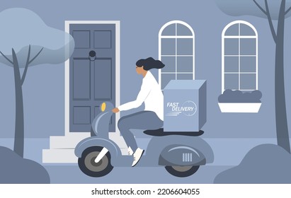 vector illustration in a flat style on the theme of fast delivery. courier girl rides a scooter and carries parcel boxes