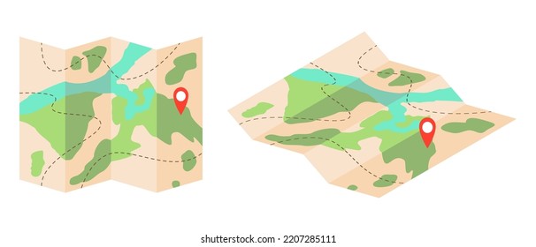 Vector illustration in flat style on an isolated white background.Route and places marked with a pin on a paper city map in isometry.GPS navigator with destination and path pointer.Navigation concept