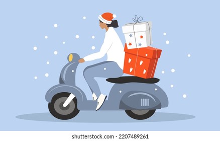 vector illustration in a flat style on the theme of the delivery of Christmas gifts. courier in santa claus hat carries gifts on a scooter