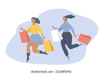 vector illustration in a flat style on the theme of shopping. two girls run with shopping bags