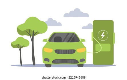 vector illustration in a flat style on the theme of an electric car. electric car charging