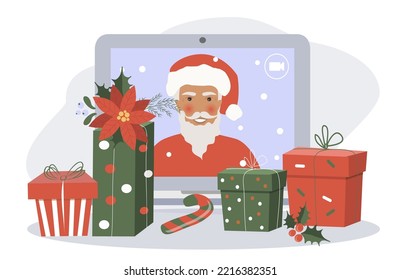 vector illustration in a flat style on the theme of congratulations on christmas. laptop with santa claus on the screen. many gifts nearby